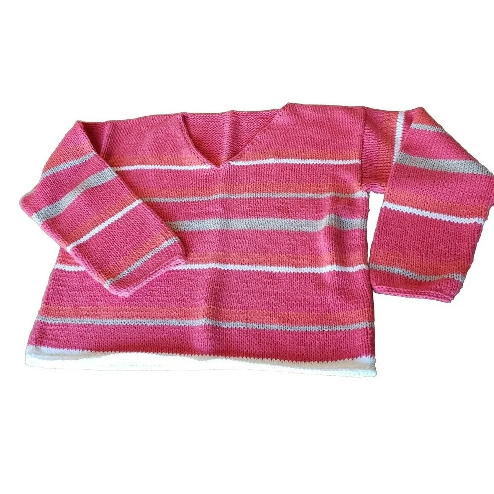 Handknit Women's Striped‎ Pink Orange Beige White Sweater  100% Cotton Knit XL